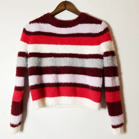 Stripe Eyelash Sweater Fuzzy Crewneck Long Sleeve Size Extra Small - Picture 3 of 11